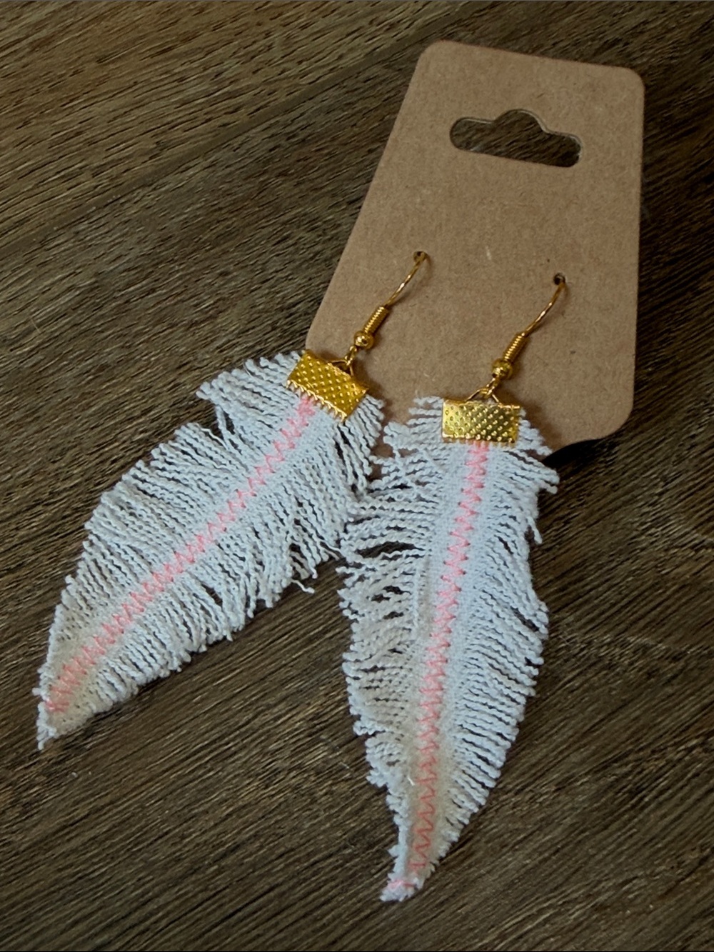 Frayed Feather Drop Earrings - White & Pink with Gold Hooks